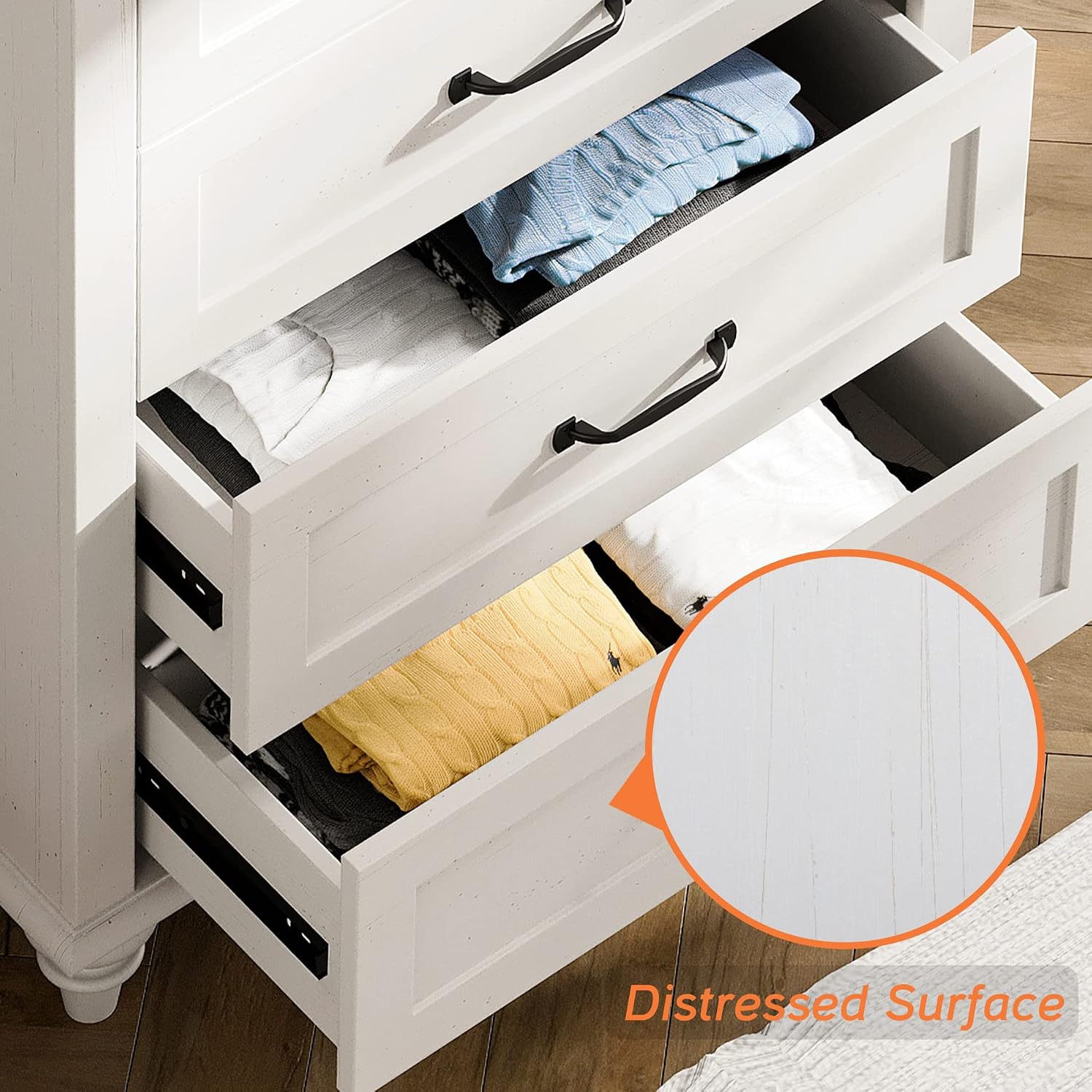 WAMPAT Off White Dresser for Bedroom with 5 Drawers, Tall Kids Dressers with Wide Chest of Drawers, Mid Century Modern Wooden Closet Storage Organizer, Samll Dressers for Living Room, Nursery, Hallway