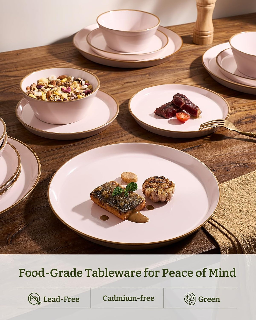 Famiware Saturn Stoneware Dinnerware Sets for 8 (24 Pieces), Ceramic Plates and Bowls Dish Sets with Hand-Painted Trim - Chip & Scratch Resistant, Microwave & Dishwasher Safe Tableware, Light Pink