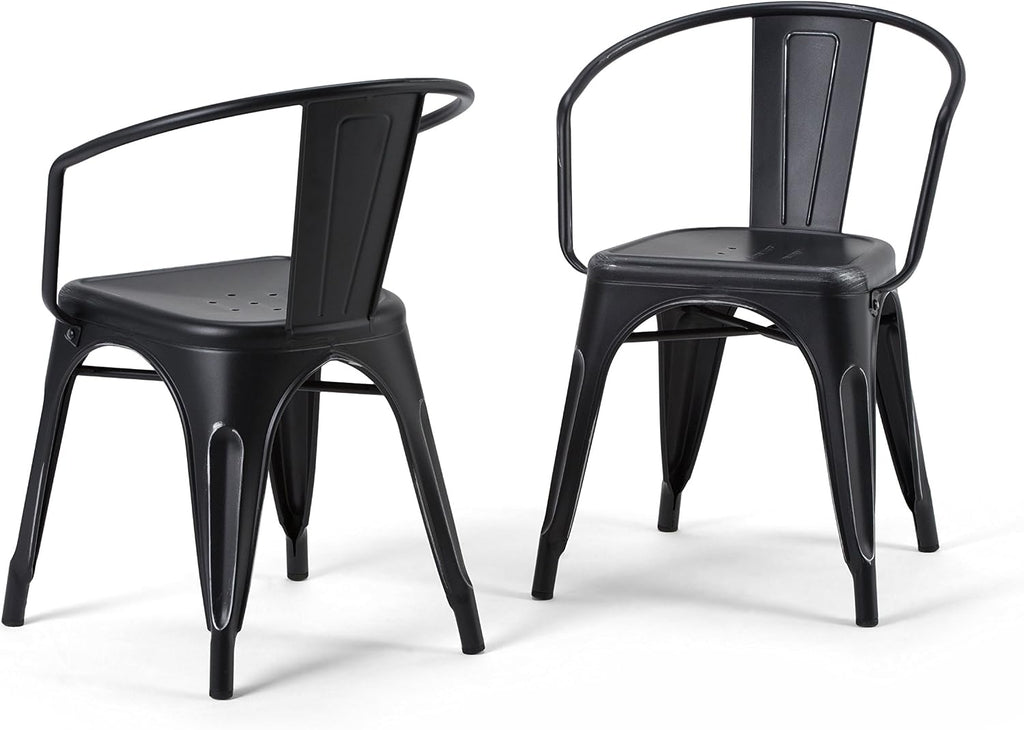 SIMPLIHOME Larkin Dining Arm Chair Set in Distressed Black, Silver, 20.1'W x 20.1'D x 28.2'H, Industrial Metal Chairs for Dining Room, Kitchen (Set of 2)