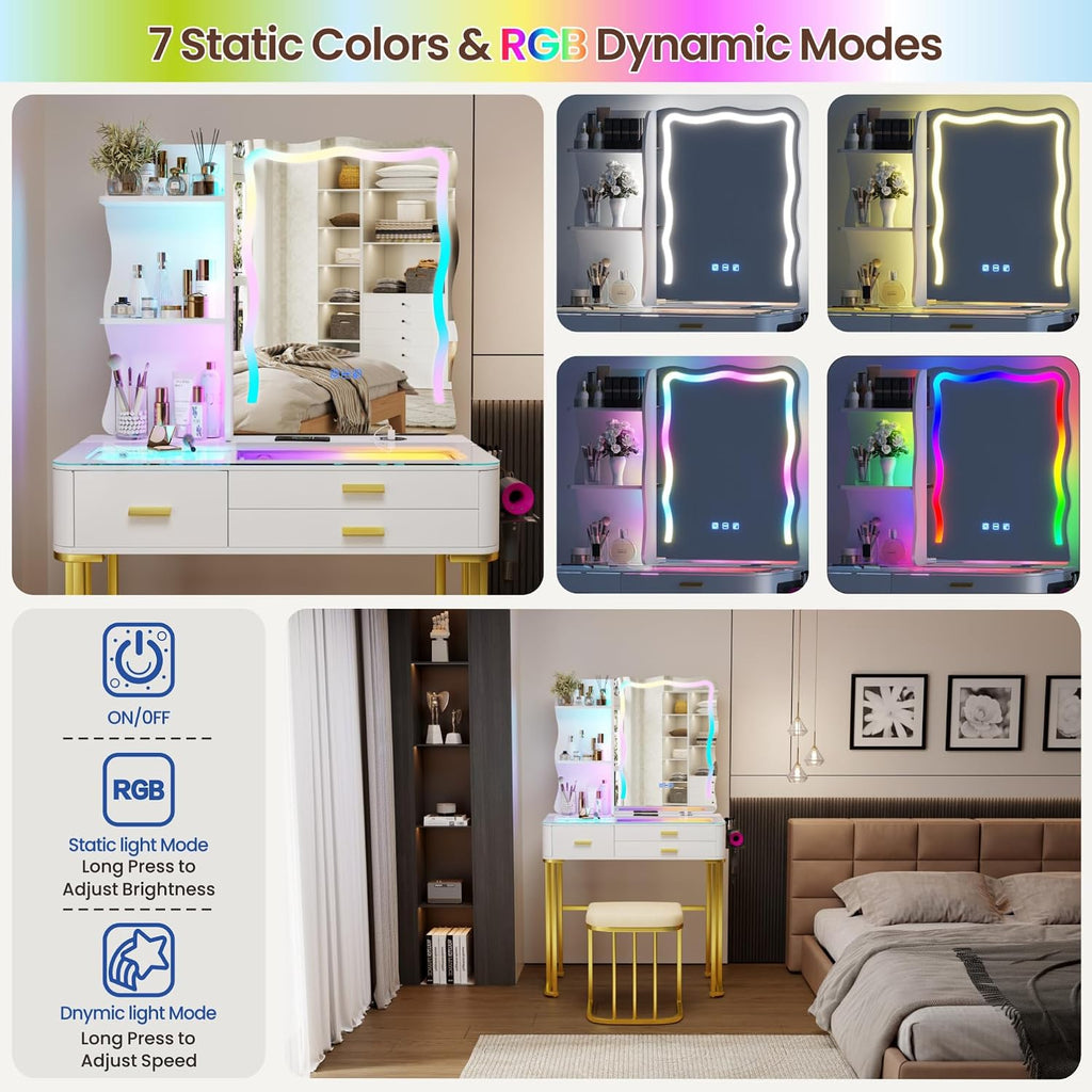 RGB LED Makeup Vanity Desk with Mirror & Lights, Modern Glass Top Vanity Table with 3 Drawers, Charging Station, Hair Dryer Holder, Dimmable Colorful Light Vanity Set for Bedroom,White