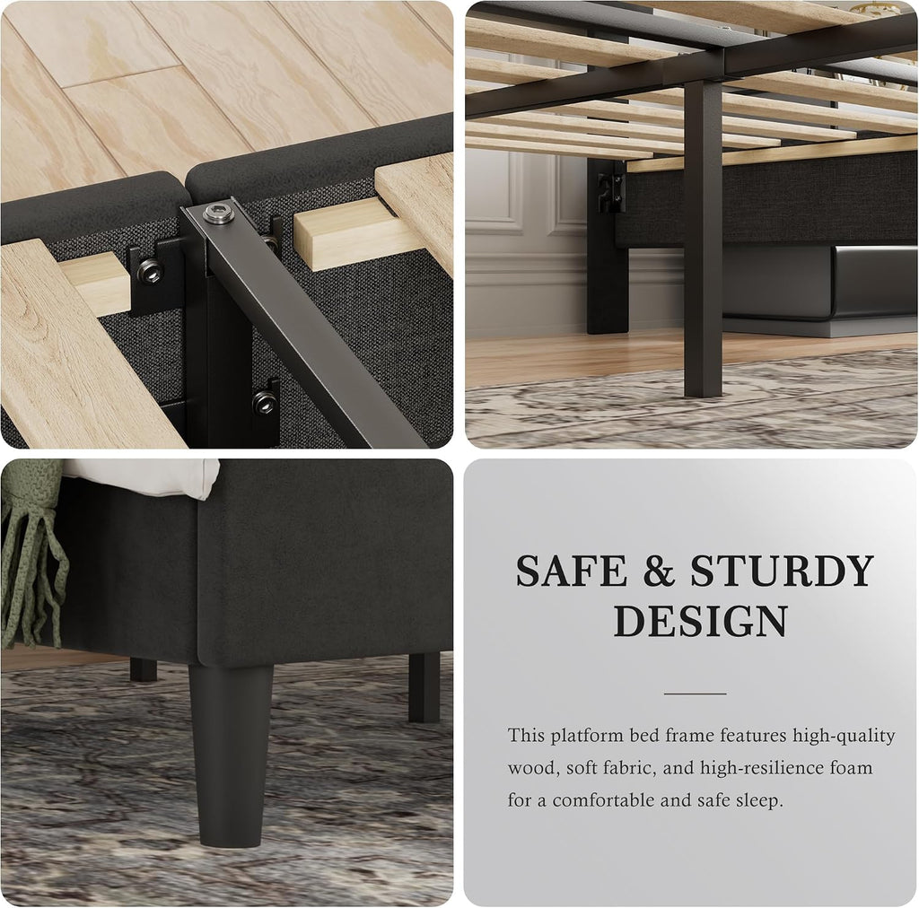 VECELO Full Bed Frame with Upholstered Headboard, Heavy-Duty Platform Bedframe with Strong Wooden Slats Support, No Boxing Spring Needed, Black