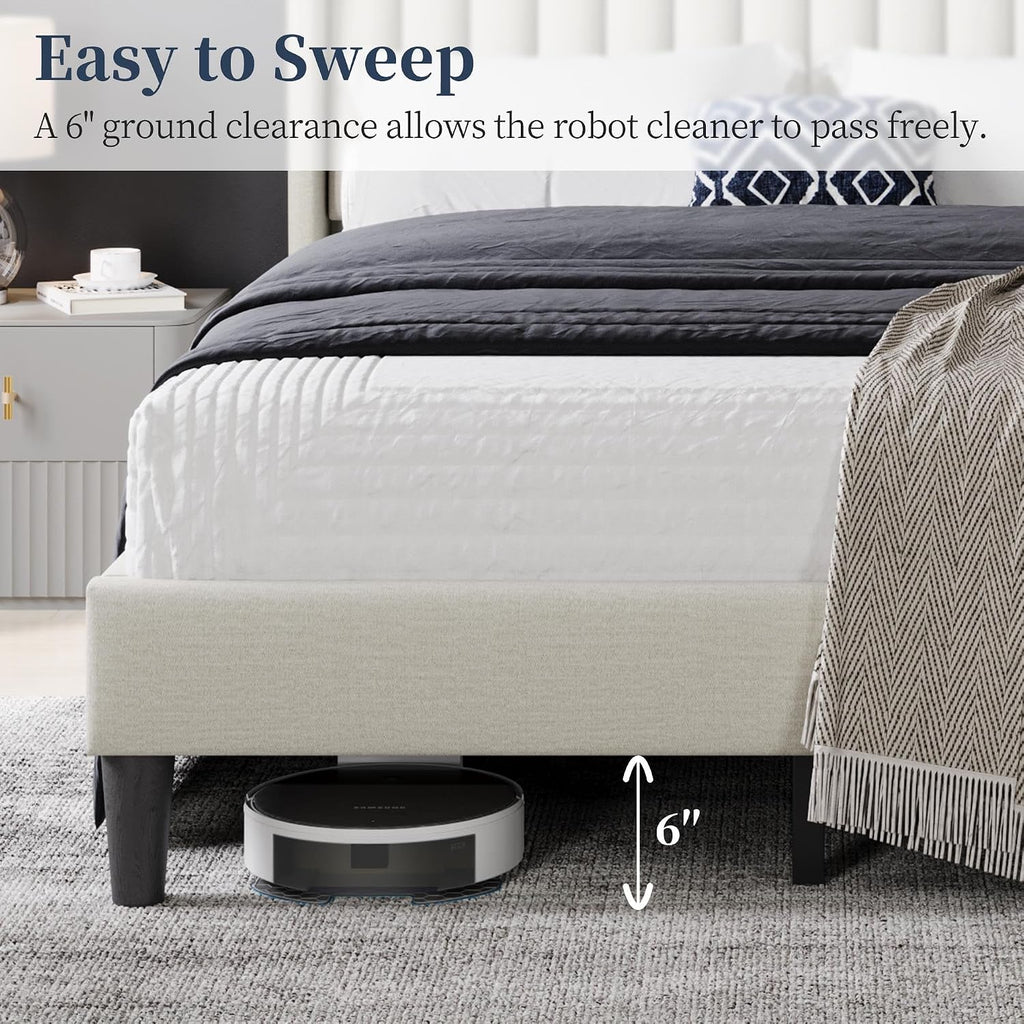 Yaheetech Full Bed Frame Upholstered Platform Bed with Fabric Headboard, Wing Edge Design/Non-Slip and Noise-Free/Wooden Slats Support/No Box Spring Needed/Easy Assembly, Ivory Full Bed