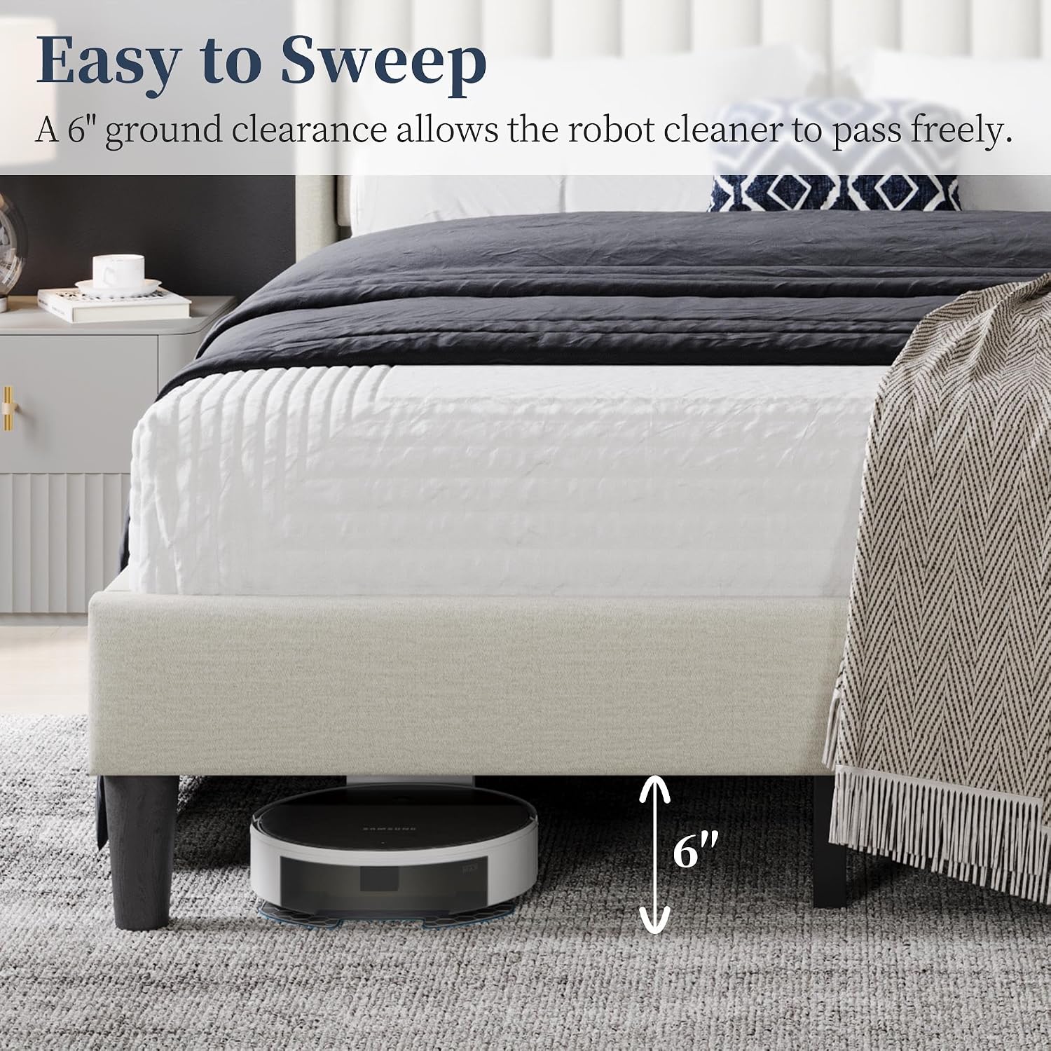 Yaheetech Full Bed Frame Upholstered Platform Bed with Fabric Headboard, Wing Edge Design/Non-Slip and Noise-Free/Wooden Slats Support/No Box Spring Needed/Easy Assembly, Ivory Full Bed