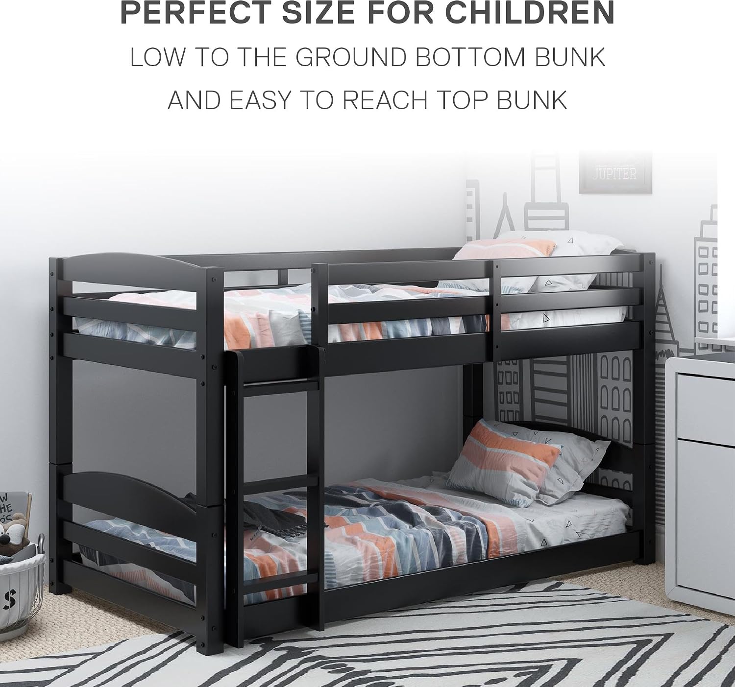 DHP Phoenix Twin Bunk Bed with Ladder, Black, Space-Saving Design, Solid Wood Construction