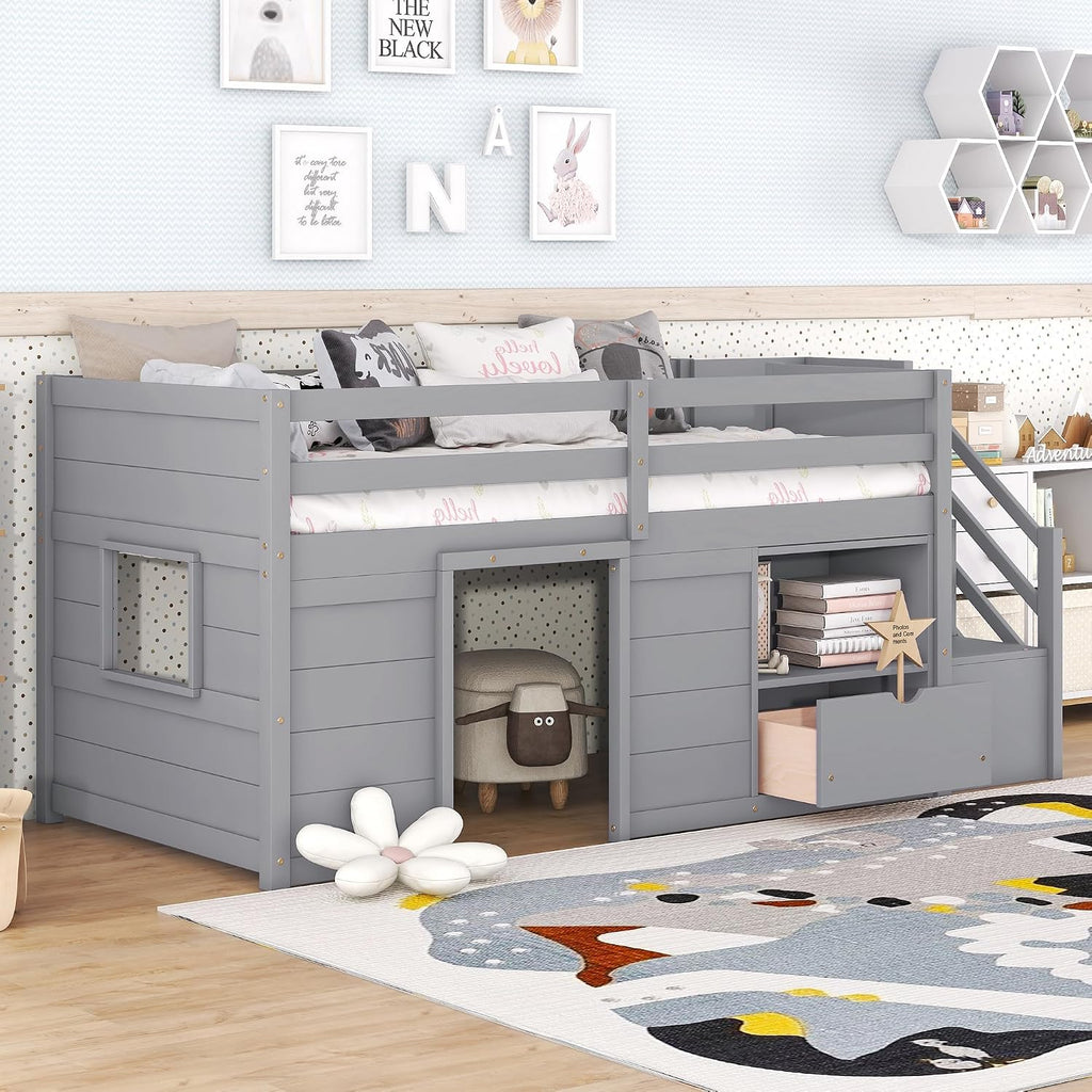 JIVOIT Twin Size Loft Bed with Bookshelf and Storage Drawer, Storage Staircase and Window Design, Wooden Low Loft Bed Frame with Full-Length Guardrail for Kids Teens (Gray, Bookshelf+Drawer 7)