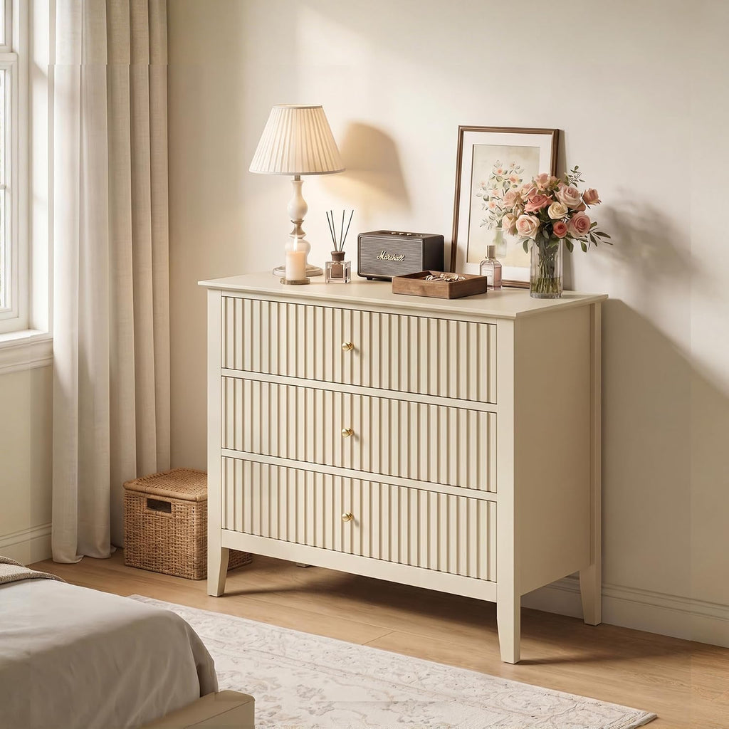 RoyalCraft Beige Fluted 3 Drawer Dresser, 32 inch Wide Dresser Nightstand for Bedroom, Modern Wood Chest of Drawers, Large Painted Nightstand with 3 Drawers for Closet, Hallway, Entryway