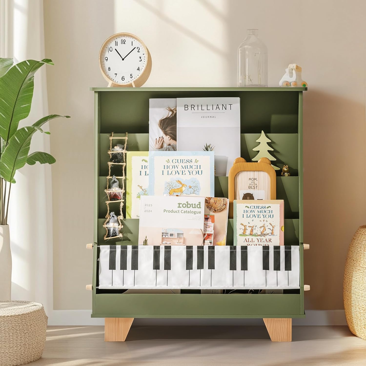 ROBOTIME 4-Tier Kids Bookshelf - Toddler Bookshelf for Classrooms, Playrooms, and Nursery - Wooden Kids Bookcase Front and Back Storage, Children Book Rack for Boys, Girls (Green)