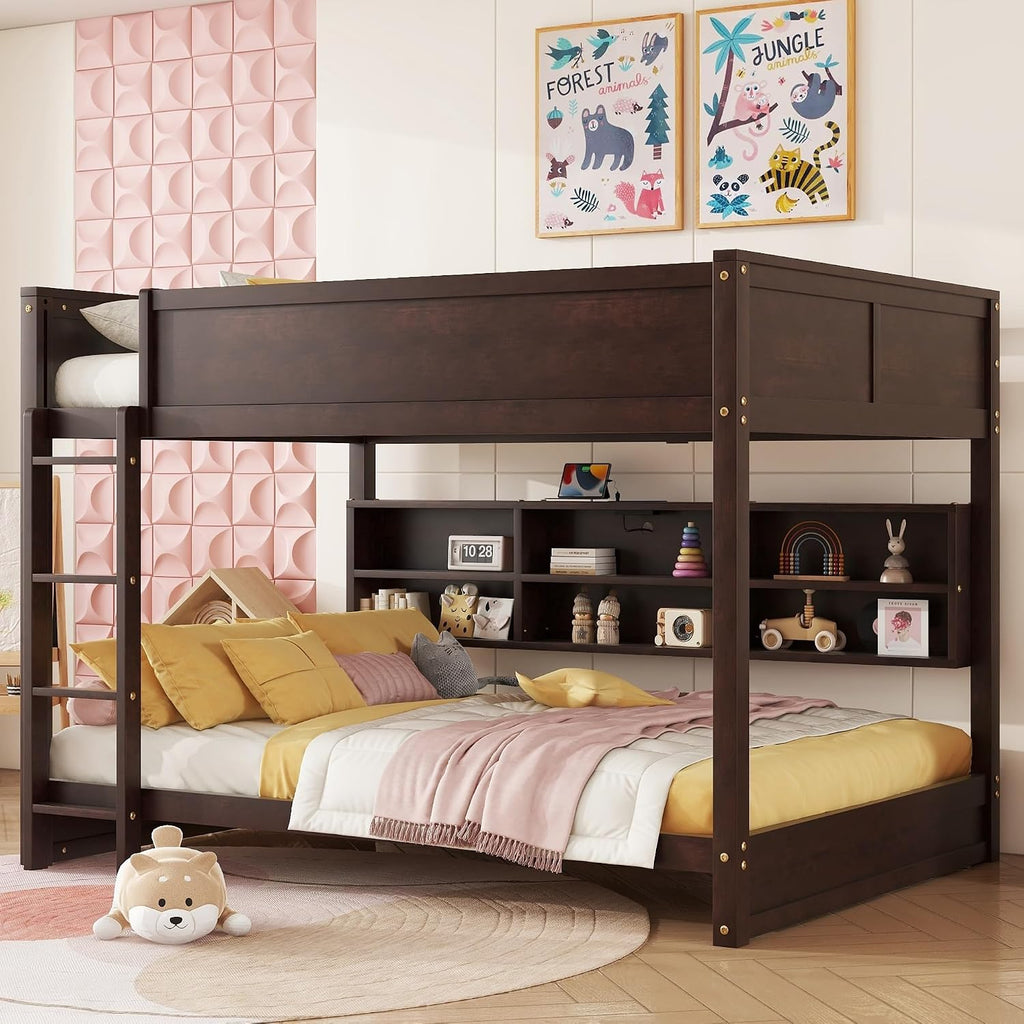 Queen Over Queen Bunk Bed with Built-in Storage Cabinets,Charging Station,Ladder,Safety Guardrails,Solid Pine Wood Bunk Bed for Kids Bedroom