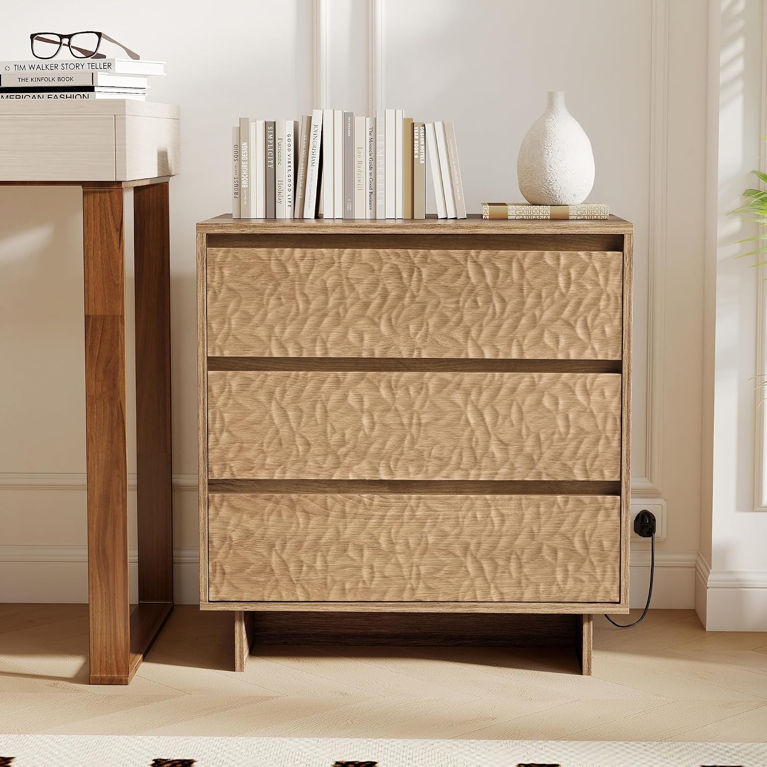 Miereirl Nightstands with Charging Station, Modern Nightstand with 3 Drawers, 26.5' W Wooden End Side Table for Bedroom, Natural Oak