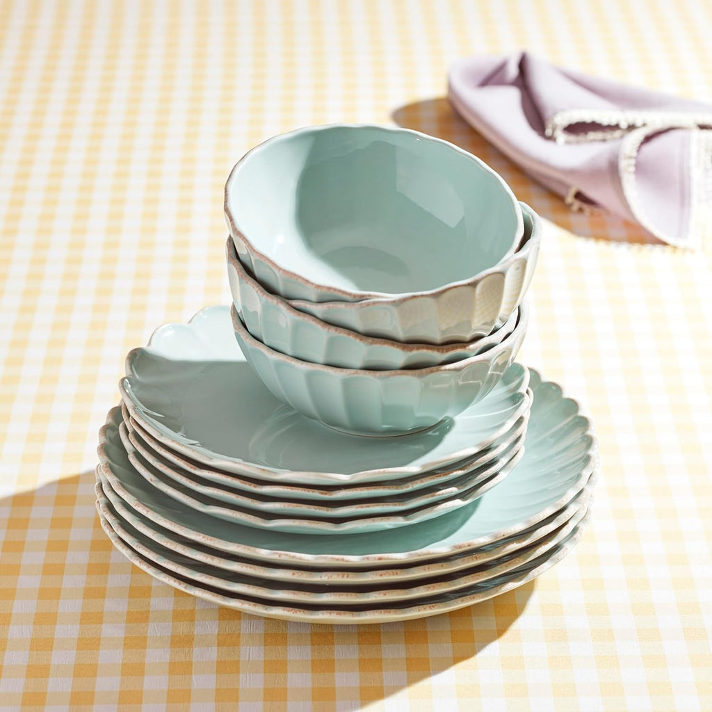 Lenox Dinnerware Set, French Perle Scallop Ice Blue 12-Piece Set, Service For 4, Stoneware, Dishwasher Safe, Microwave Safe, Plates and Bowls sets, Dish Set, Home And Kitchen (Ice Blue, 12 Piece)