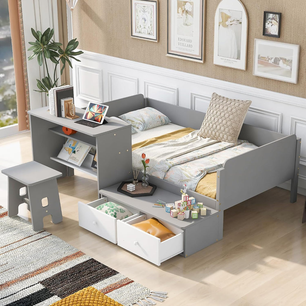 Functional Design Twin Size Platform Bed Daybed with 2 Drawers and 1 Chair&Desk Set, Solid Wood Daybed Frame with Full-Length Guardrails for Kids Boys Girls, Sturdy Slat Support (Gray+White)