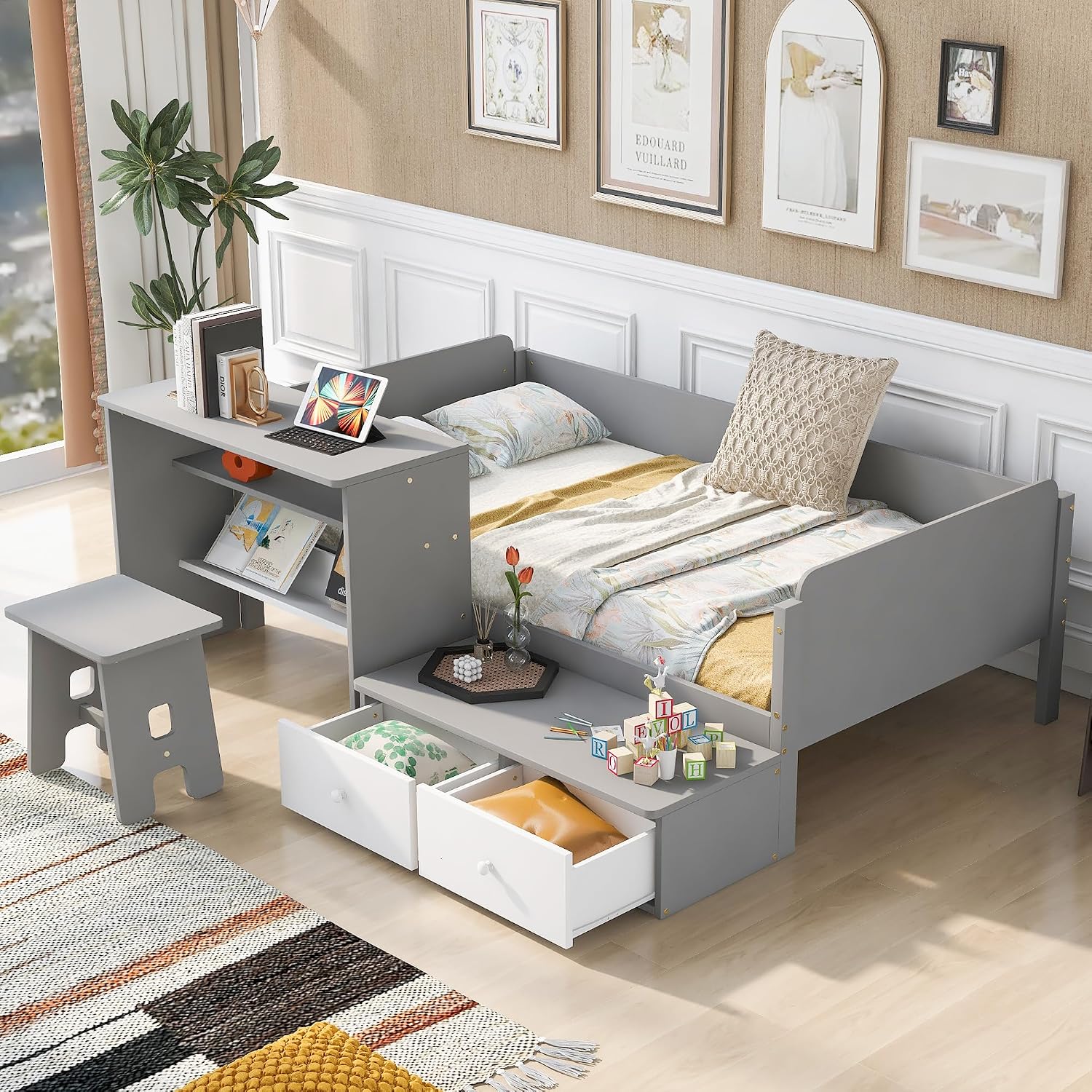 Functional Design Twin Size Platform Bed Daybed with 2 Drawers and 1 Chair&Desk Set, Solid Wood Daybed Frame with Full-Length Guardrails for Kids Boys Girls, Sturdy Slat Support (Gray+White)
