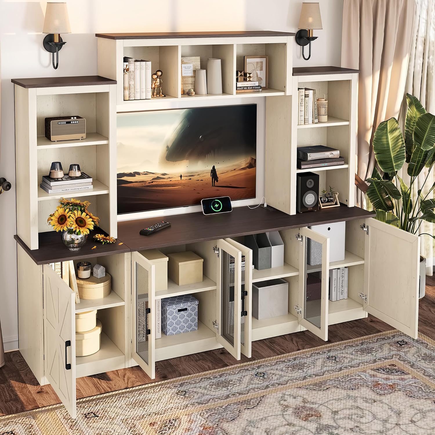 Entertainment Center Wall Unit with Storage for TVs Up to 55', Farmhouse TV Stand with Bookcase and Storage Cabinets, TV Stand Media Console for Living Room, Beige
