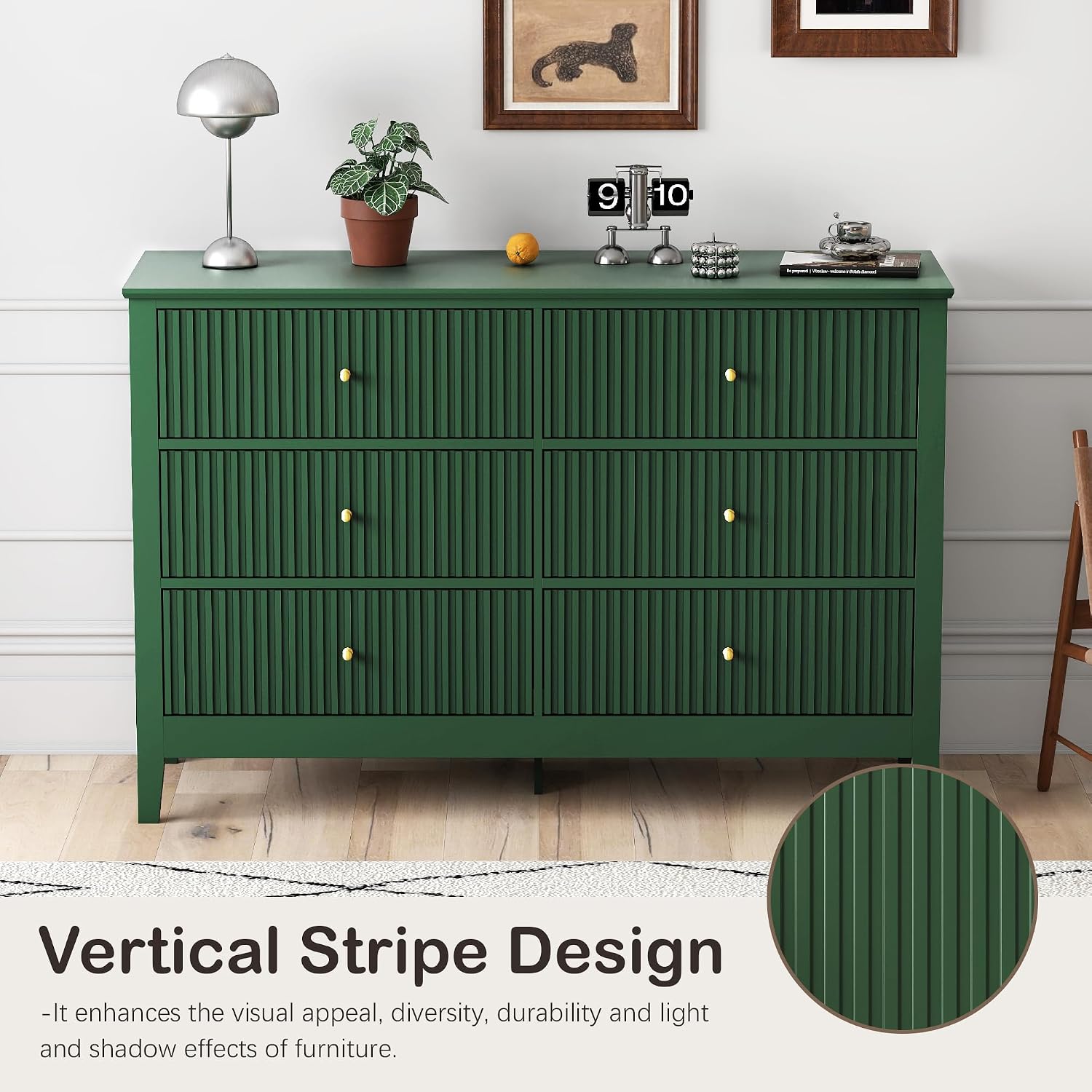 Green Dresser for Bedroom, 6 Drawers Fluted Chest of Drawers with Storage, Modern 47'' Wide Dresser with Paint Design, Wood Drawer Organizer Dressers for Entryway, Hallway