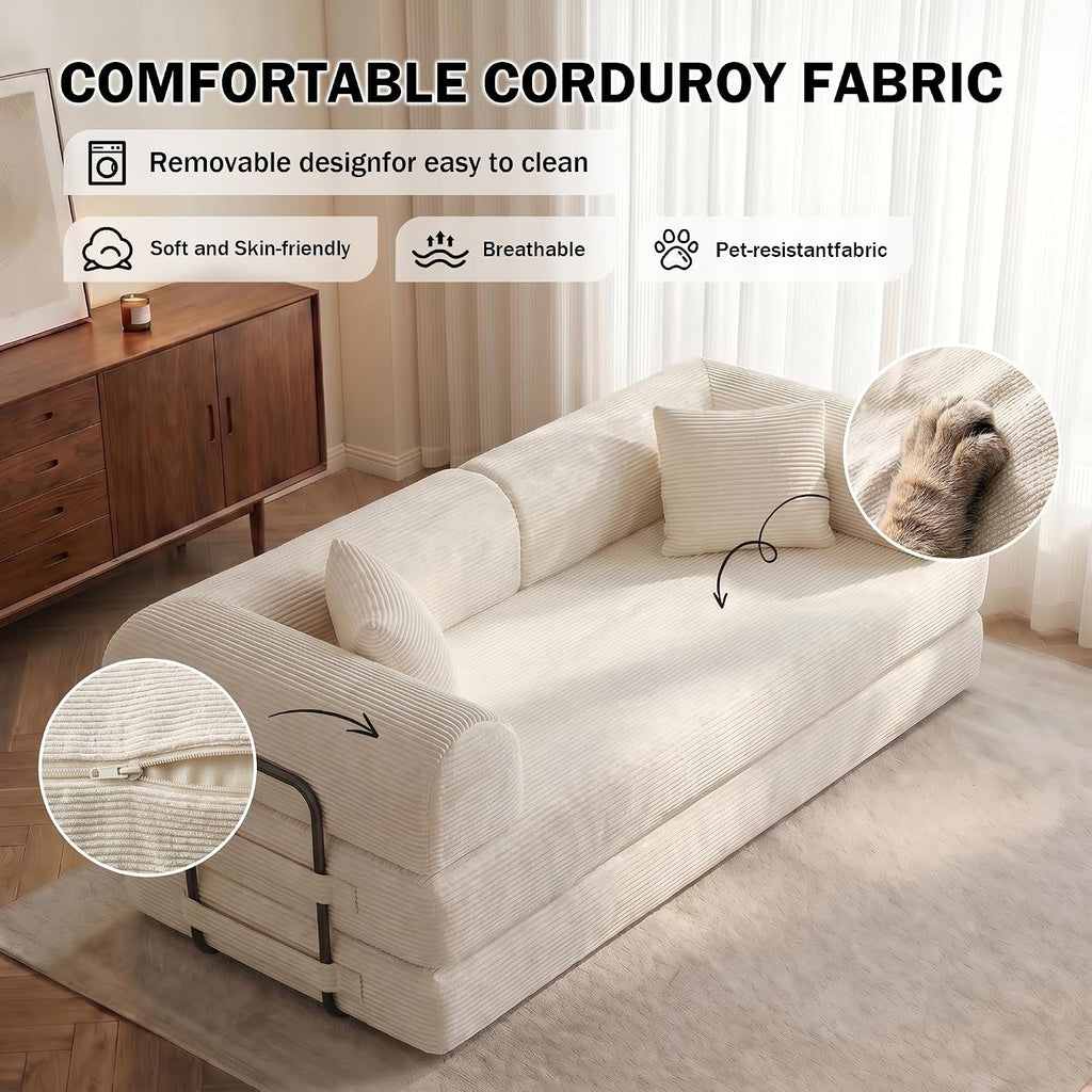 79'' Convertible Lounge Sofa Bed, 5-in-1 Corduroy Sleeper Couch with Pull Out Bed, Folding Floor Sofa for Living Room, Oversized Design, No Assembly (Beige White)