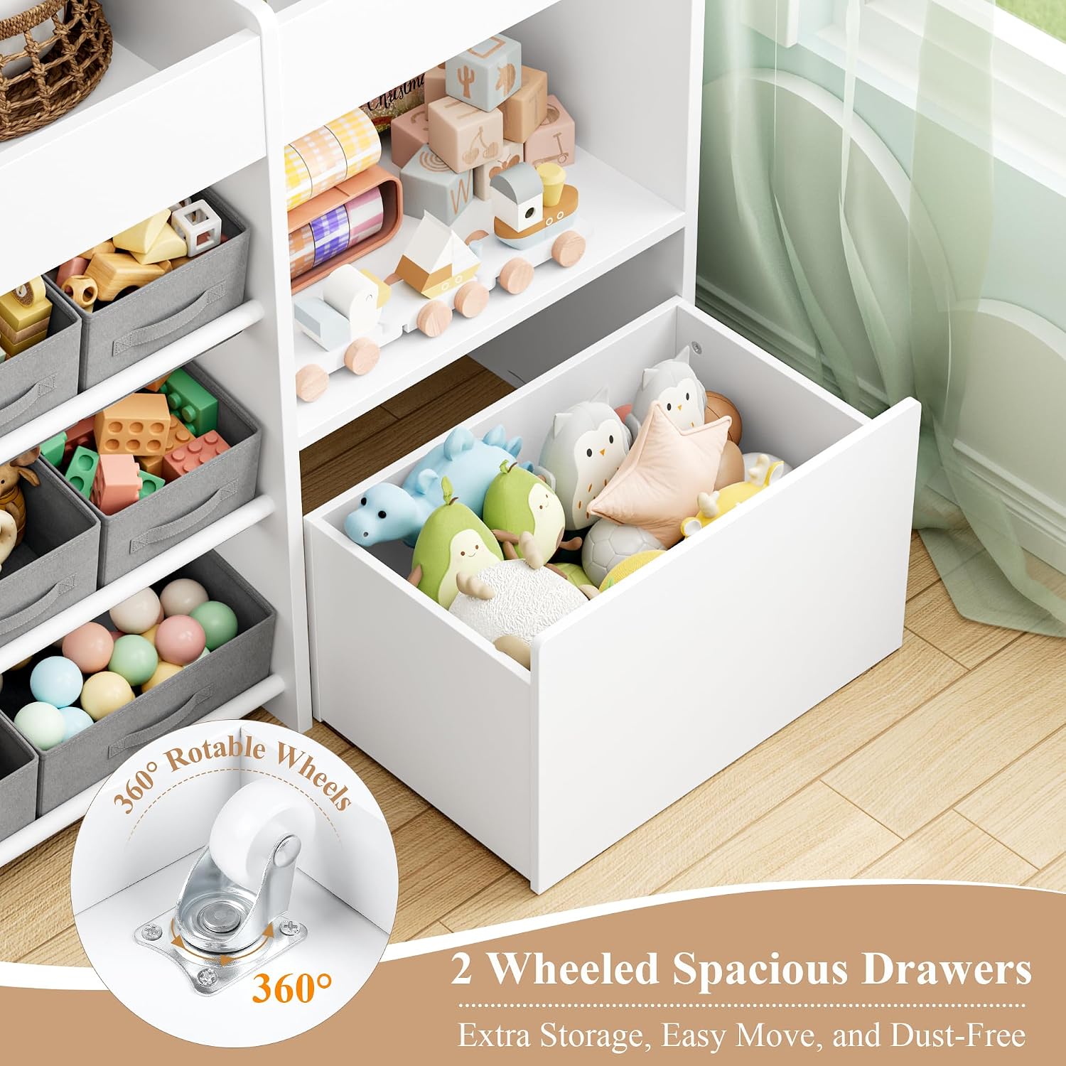 BOTLOG 62.2 inches Toy Storage Organizer and Kids Bookshelf, Toy Organizer with 2 Movable Drawers and 9 Box Bins, 4 Tier Toddler Bookshelf for Book Storage and Display