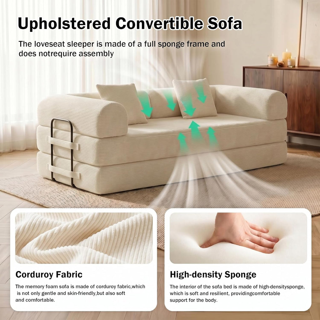 79'' Convertible Lounge Sofa Bed, 5-in-1 Corduroy Sleeper Couch with Pull Out Bed, Folding Floor Sofa for Living Room, Oversized Design, No Assembly (Beige White)