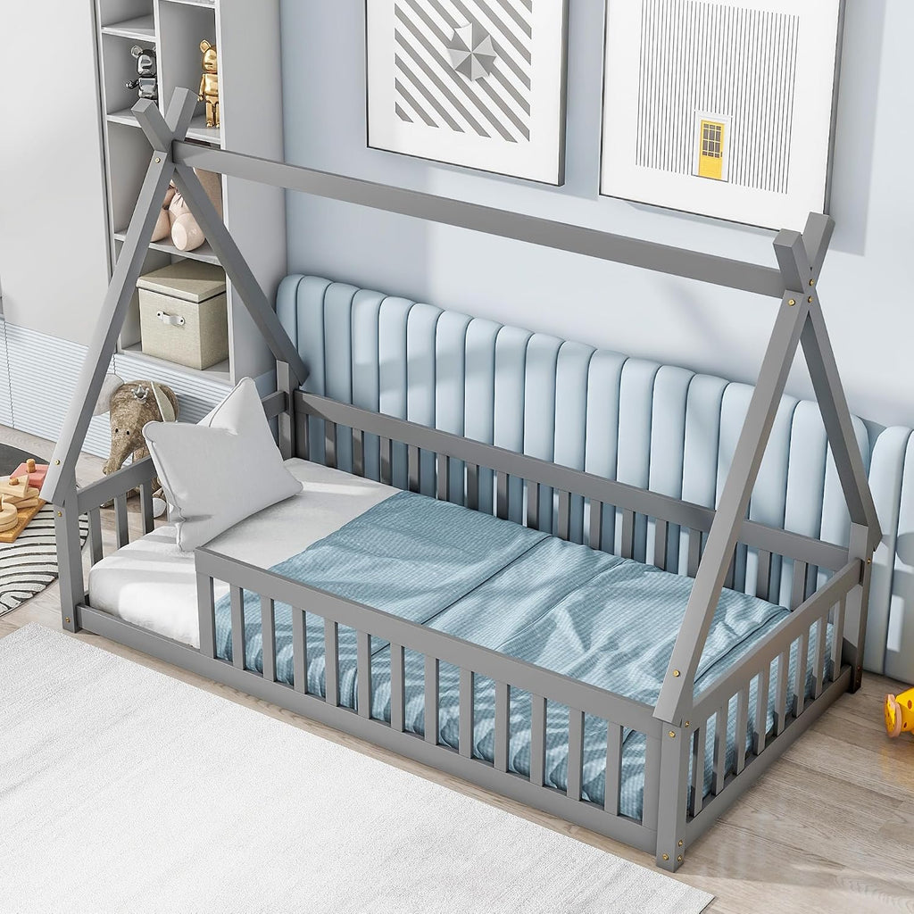Twin Size Tent Floor Bed for Kids,Montessori Floor Bed with Fence，Floor Bed Frame Twin Size,Teepee Bed with Slats for Girls Boys,Grey