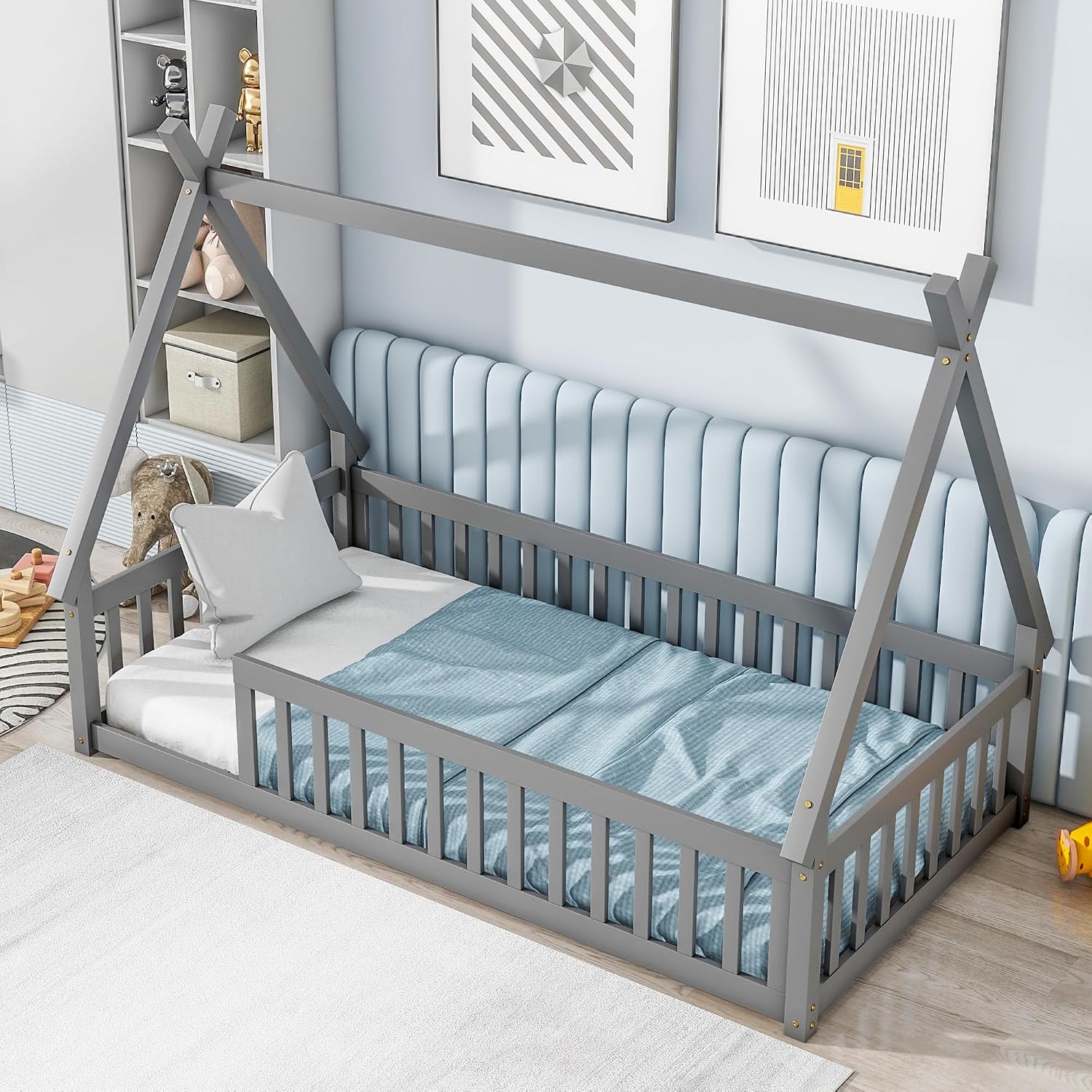 Twin Size Tent Floor Bed for Kids,Montessori Floor Bed with Fence，Floor Bed Frame Twin Size,Teepee Bed with Slats for Girls Boys,Grey