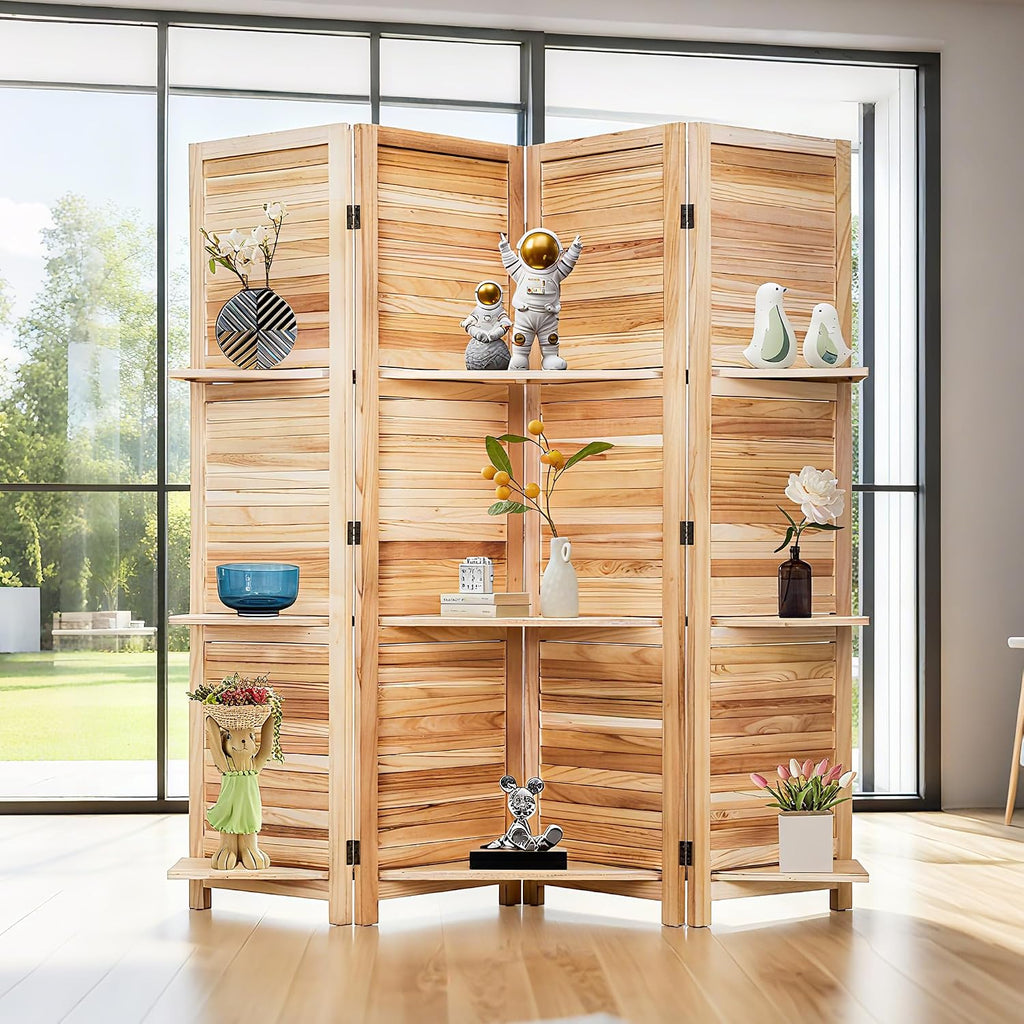 FDW 4 Panel Room Divider Folding Privacy Wooden Screen with Three Clever Shelf Portable Partition Wood Divider for Home Office, Natural Wood