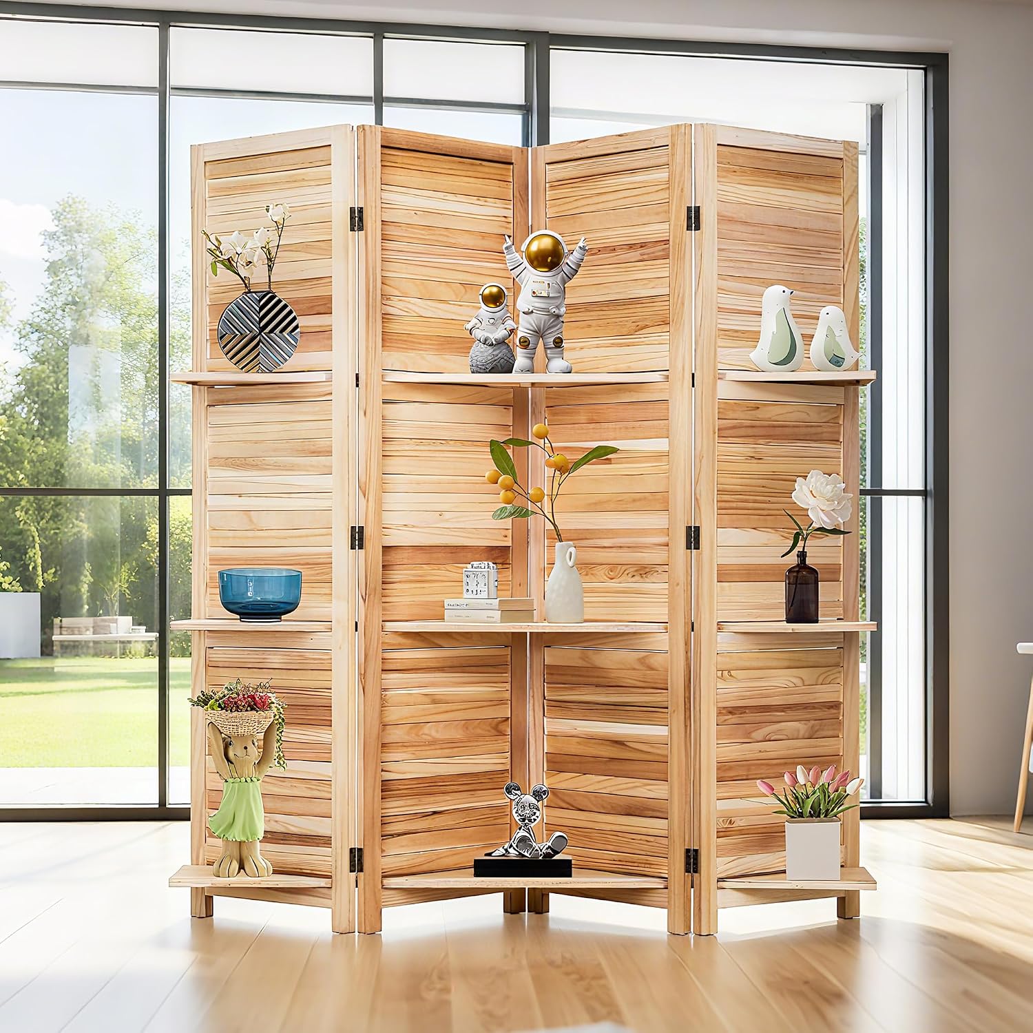 FDW 4 Panel Room Divider Folding Privacy Wooden Screen with Three Clever Shelf Portable Partition Wood Divider for Home Office, Natural Wood