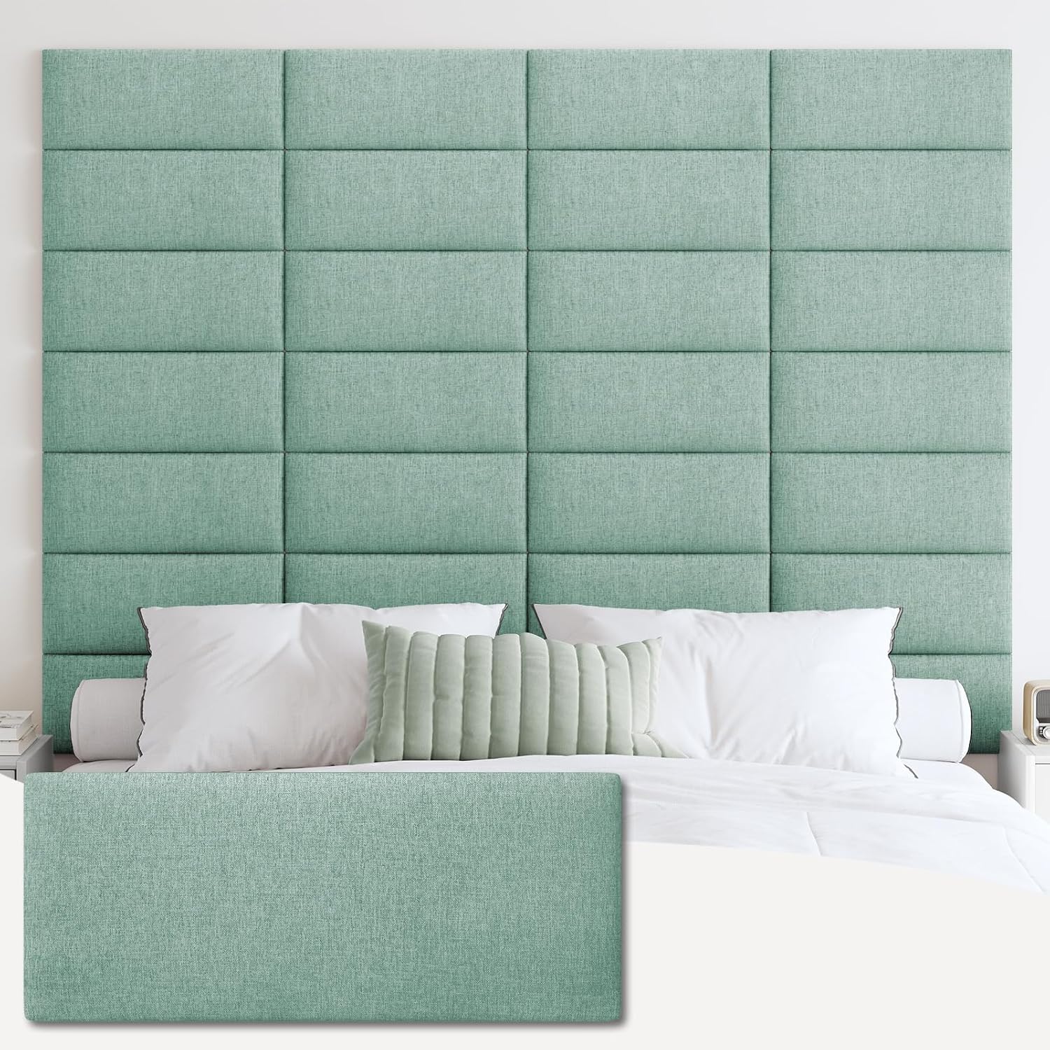 IFNOW Upholstered Wall Mounted Headboard, 3D Soundproof Wall Panels Peel and Stick for King Size, Reusable and Removable Tufted Bed Headboard in Grass Green (12 Panels, 10' x 24')