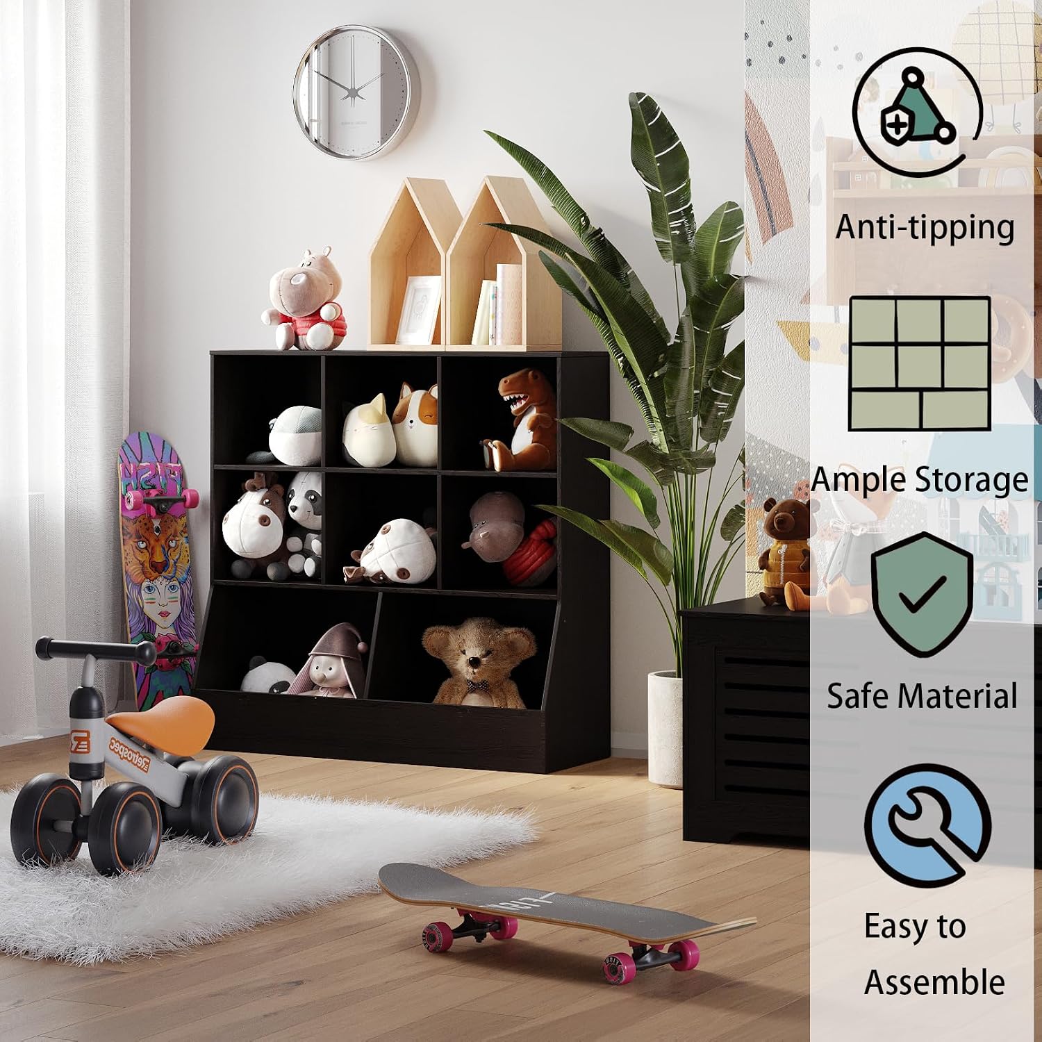 DINZI LVJ Toy Storage Organizer, Kids Bookshelf, Wood Toy Storage Cabinet, 3-Tier 8 Cubby Children Bookcase, 39.4' L Toddler Book Shelf for Playroom, Living Room, Nursery, Hallway, Classroom, Espresso