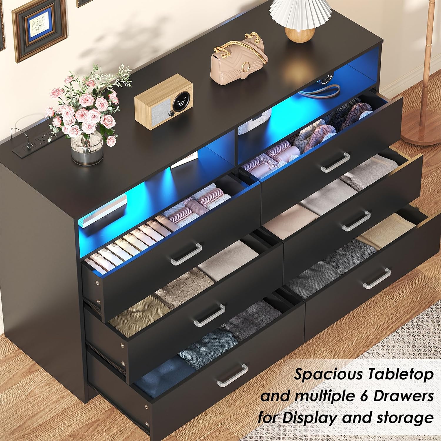 Bigbiglife Dresser for Bedroom, 6 Drawer Dresser with Charging Station and Led Light, Modern Chest of Drawers for Bedroom, Living Room,Black