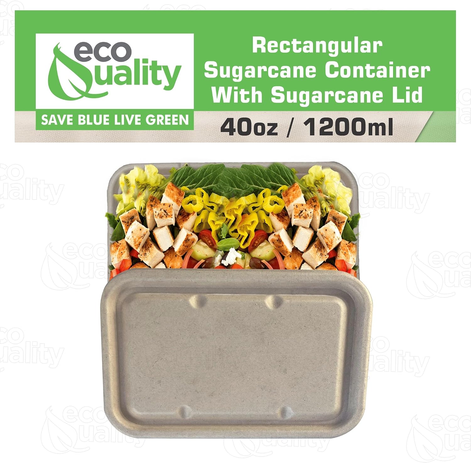 EcoQuality 40oz Disposable Bowls with Fiber Lids - Rectangular Compostable Sugarcane Fiber Biodegradable Paper Bowls Eco-Friendly Take Out Food Storage Containers, Microwave Safe, Meal Prep (200 PCK)