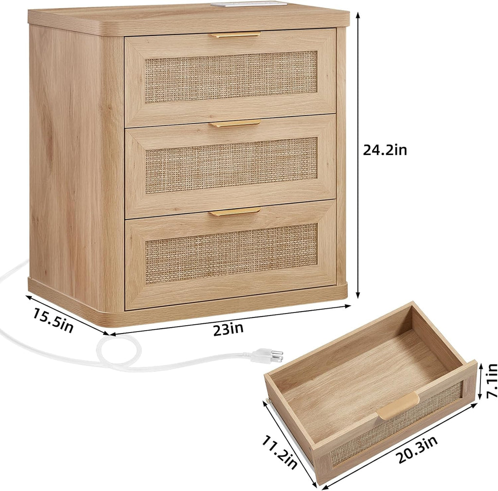 LEYAOYAO Rattan Night Stand with Charger Station, 23' Large 3 Drawer Boho Nightstand, Natural Wood Bedside Table Storage Cabinet, Bed Side End Tables for Bedroom, Living Room, Hallway