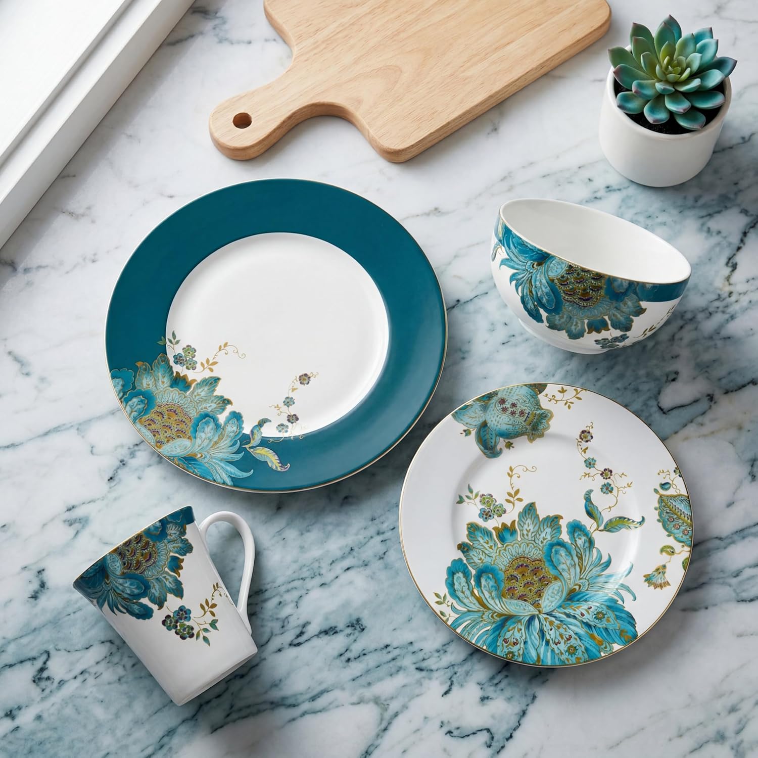 222 Fifth 16-Piece Porcelain Dinnerware Set for 4, Elegant Floral Plates and Bowls Sets-White, Teal, Gold Ceramic Dishes, Chip Resistant Kitchen and Dining Dish Set, Microwave & Dishwasher Safe, Eliza