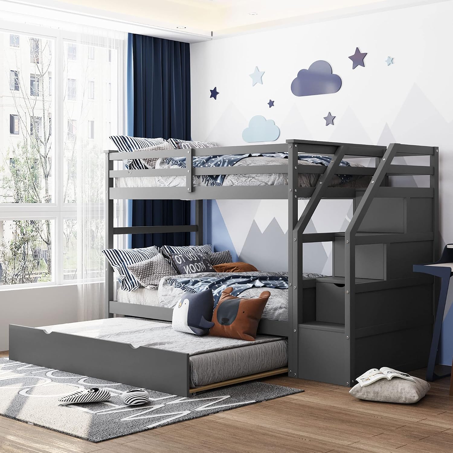 Harper & Bright Designs Twin-Over-Twin Bunk Bed with Twin Size Trundle and 3 Storage Stairs, Trundle Bunk Bed, Staircase Can be Installed on Right or Left Side (Gray)