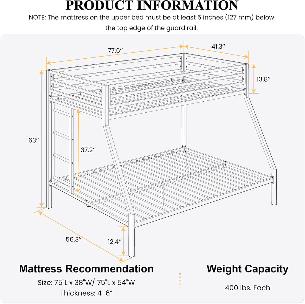 SHA CERLIN Loft Bunk Bed Twin Over Full Size with Ladder and Guardrail,Heavy Duty Metal Slats Support No Box Spring Needed Small Space Saving Furniture for Bedroom Dorm,White