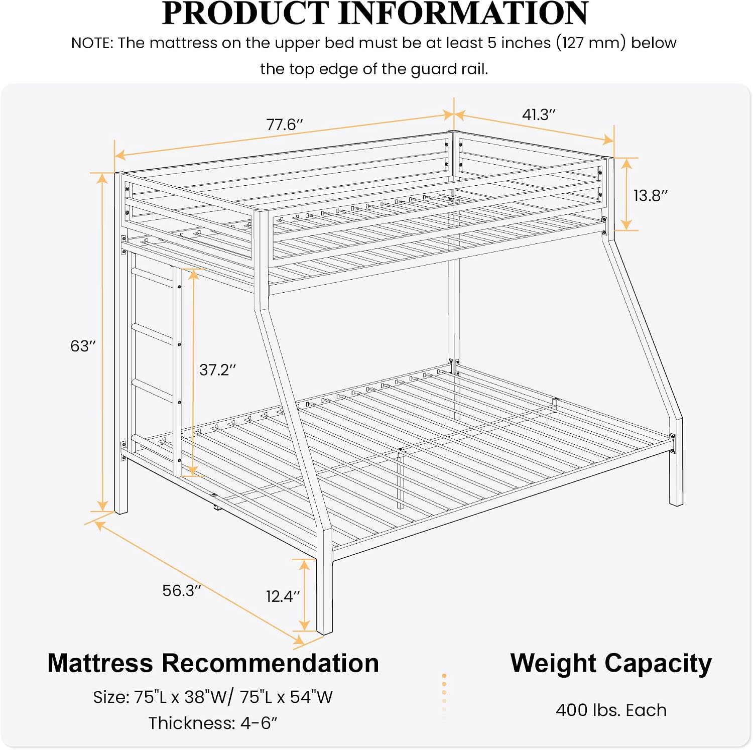 SHA CERLIN Loft Bunk Bed Twin Over Full Size with Ladder and Guardrail,Heavy Duty Metal Slats Support No Box Spring Needed Small Space Saving Furniture for Bedroom Dorm,White