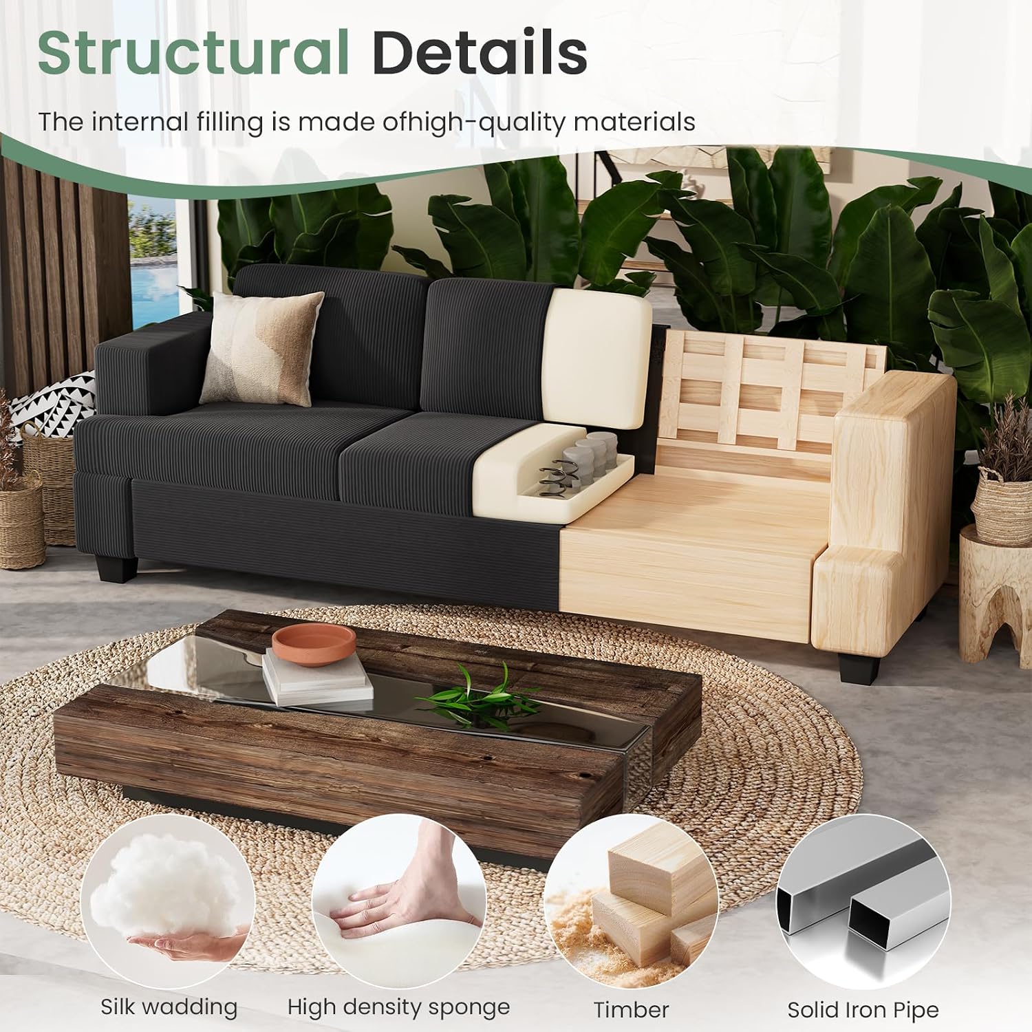 Fiona's magic 6 Seats Couch Set, 2 Piece Set Comfy Sofa, 3 Seater Sofa*2 with Deep Seats for Living Room, Modern Sleeper Couch, Black Corduroy