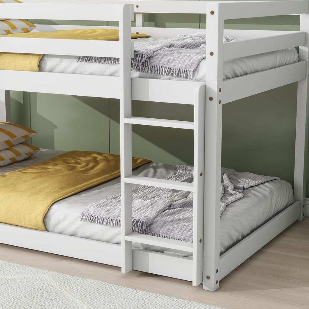Ball & Cast Solid Rubber Wooden Twin Over Twin Bunk Bed with Ladder and Full Length Guardrail,Low Bunkbed w/Slat Support,Bedroom Furniture for Girls Boys,White