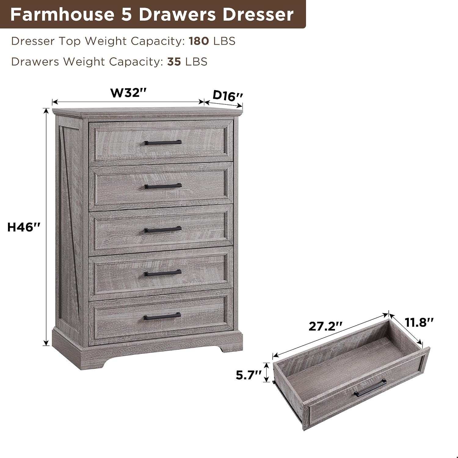 ACCOHOHO Farmhouse 5 Drawers Dresser Chests for Bedroom,46' Tall Wood Rustic Chest of Drawers with Wide Metal Handle,Natural Texture,Drawer Organizer for Bedroom,Living Room,Hallway and Entryway,Grey