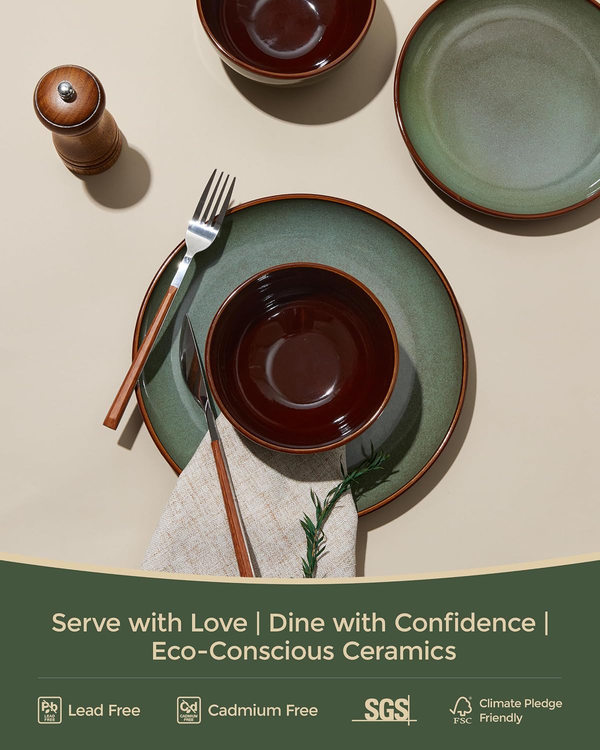 Pokini 24 Piece Double Bowl Dinnerware Sets with Pasta Bowls, Highly Chip and Crack Resistant Plates and Bowls Sets, Natural Earthyware Ceramic Dishware Sets, Service for 6 Sage Green