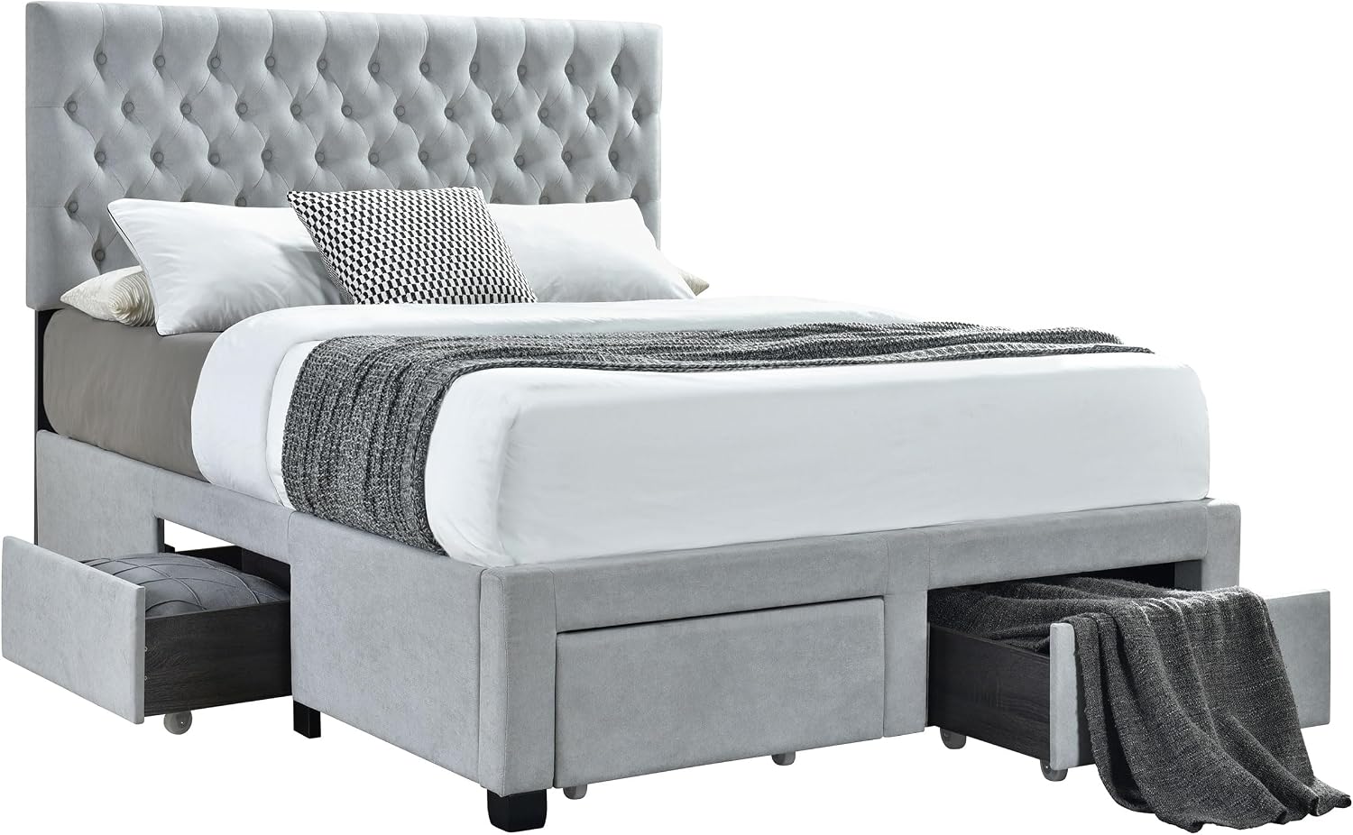 Coaster Home Furnishings - Soledad - Wood - Upholstered Storage Panel Bed with 4 Drawers, Rollers, Tufted Headboard and Modern Classic Style - Bedroom - Eastern King Size - Light Grey - 305878KE