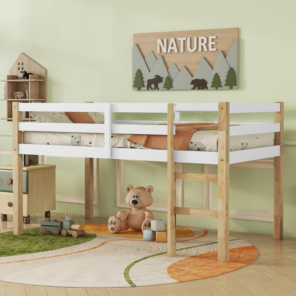 JIVOIT Solid Wooden Twin Loft Bed with Ladder, Rubber Wood Bed Frame with Ladder, Platform of Strengthened Slats, Low Height Design Loft Bed, No Box Spring Needed