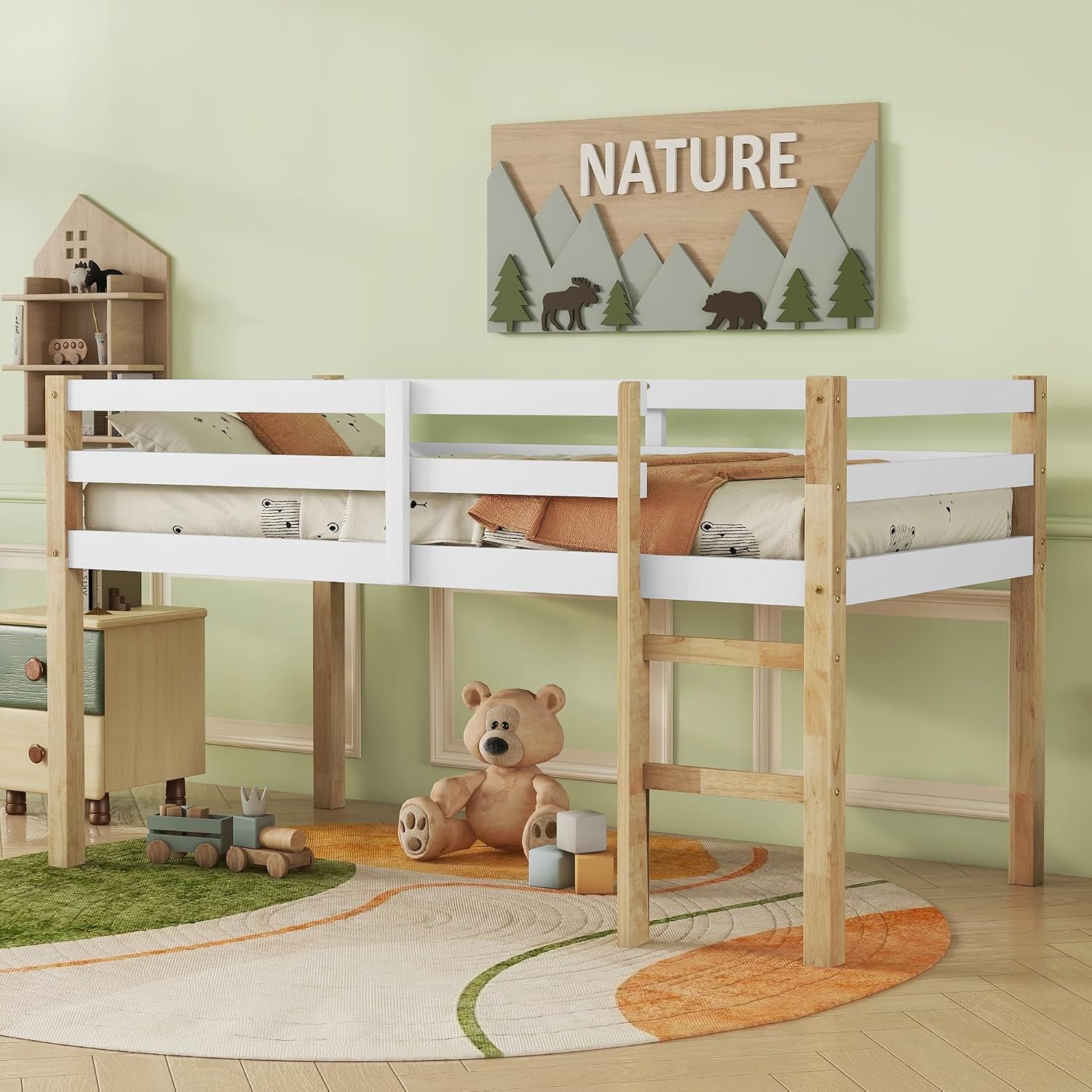 JIVOIT Solid Wooden Twin Loft Bed with Ladder, Rubber Wood Bed Frame with Ladder, Platform of Strengthened Slats, Low Height Design Loft Bed, No Box Spring Needed