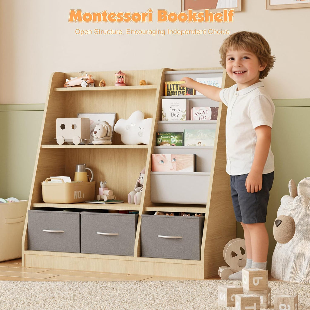 NACHES Kids Bookshelf and Toy Storage, Montessori Sling Bookcase | Wood-based, nursery & kids room storage, fabric toy bins, sling rack, anti-tip design, safety certified