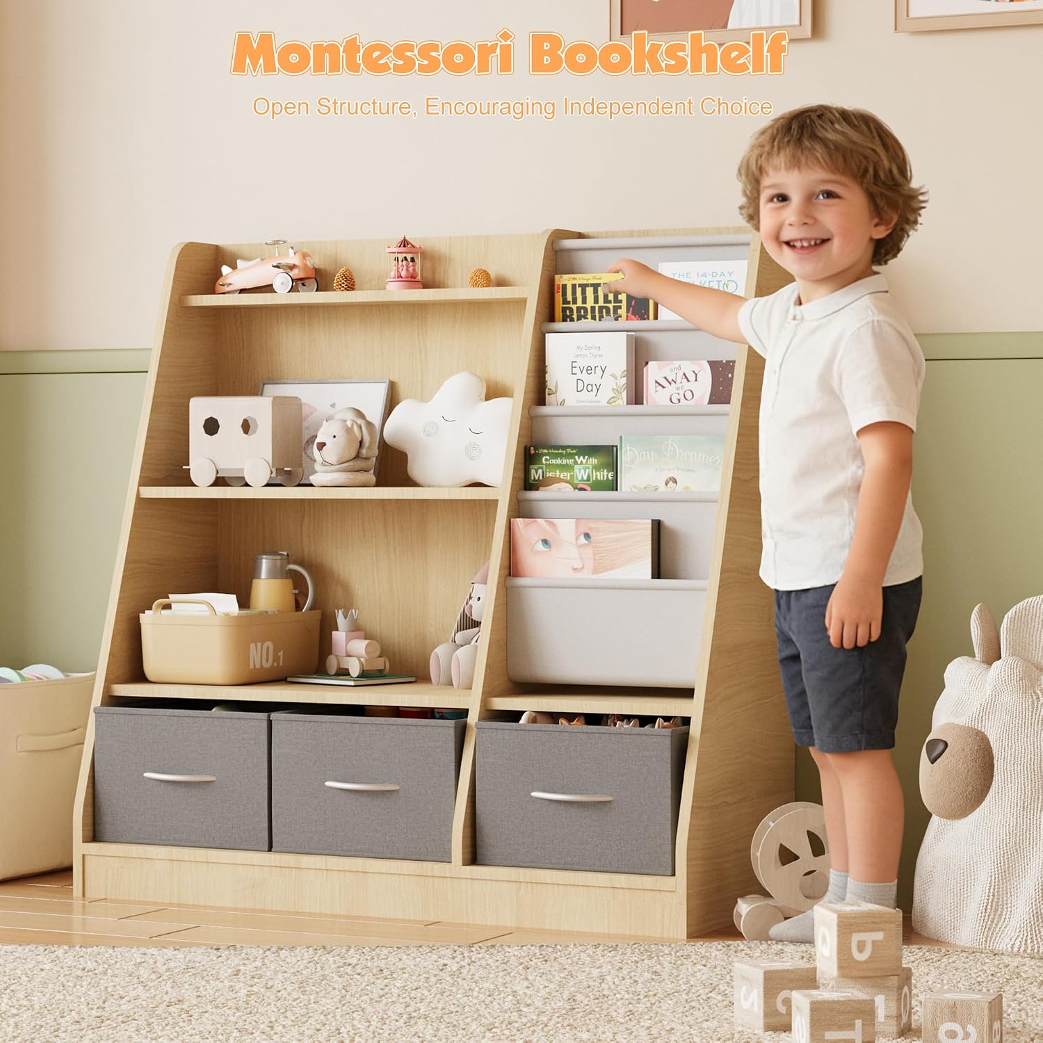 NACHES Kids Bookshelf and Toy Storage, Montessori Sling Bookcase | Wood-based, nursery & kids room storage, fabric toy bins, sling rack, anti-tip design, safety certified