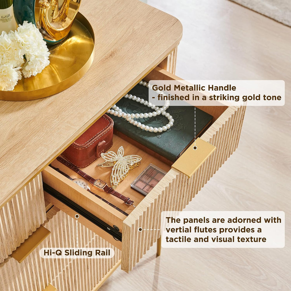 T4TREAM Fluted 7 Drawers Dresser for Bedroom, 54' Wide Modern Dresser TV Stand, Gold Accents, Fluted Fronts, Wood Storage Dressers Organizer for Bedroom, Living Room, Natural Oak