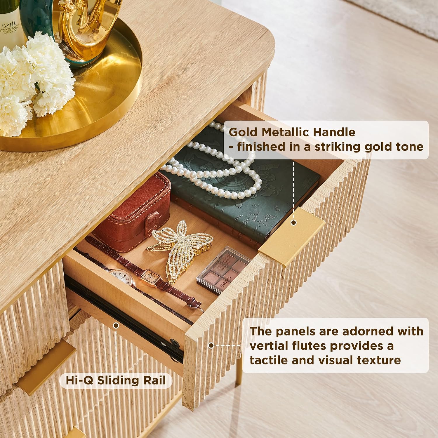 T4TREAM Fluted 7 Drawers Dresser for Bedroom, 54' Wide Modern Dresser TV Stand, Gold Accents, Fluted Fronts, Wood Storage Dressers Organizer for Bedroom, Living Room, Natural Oak