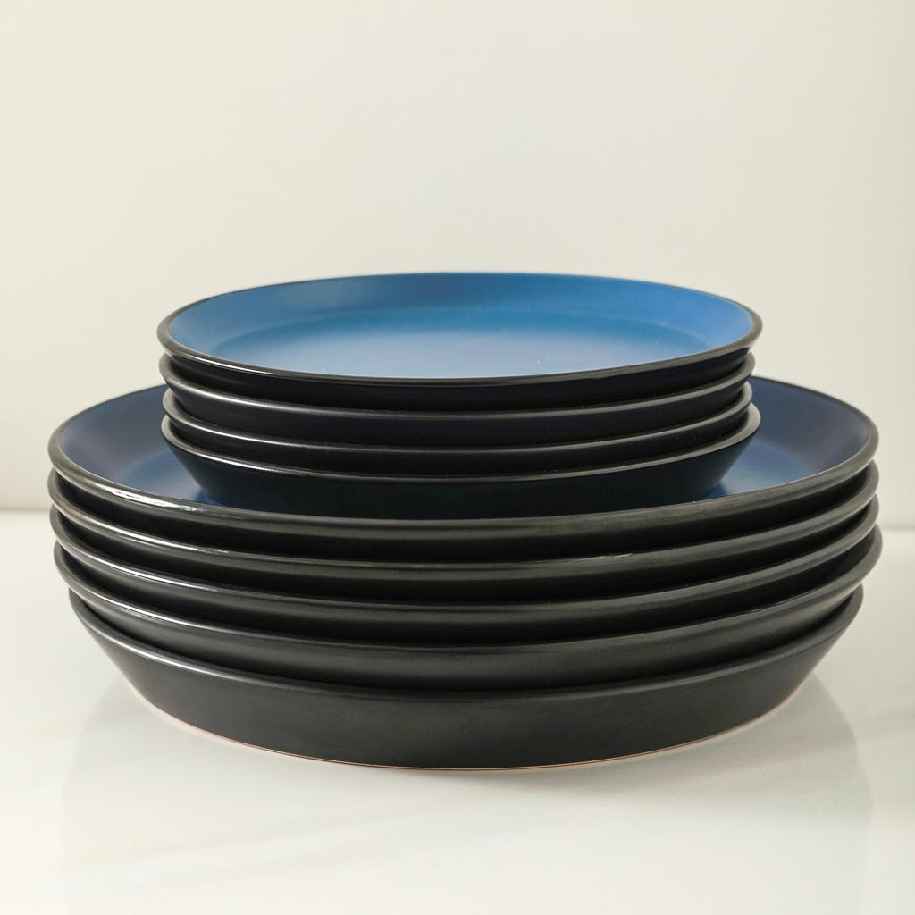 Stone Lain Albie Stoneware 32-Piece Modern Dinnerware Set, Kitchen Plates and Bowls Sets, Service for 8, Blue and Black, Microwave & Dishwasher Safe