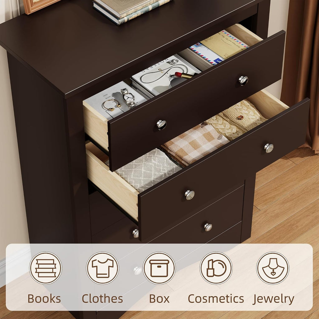 YESHOMY Tall Dresser for Bedroom with 5 Drawers, Modern Chest of Drawers, Wooden Dressers, TV Stand for Living Room,Closet, Hallway (Brown)