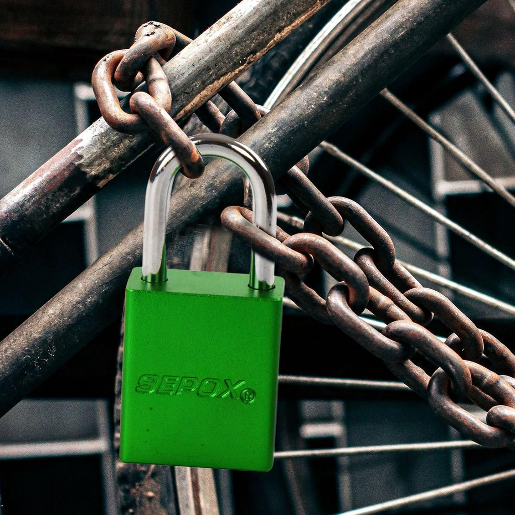 SEPOX® 24-Pack Green Padlocks, Keyed Different | Lightweight spark-proof aluminum, Long Shackle. 72 brass keys. High-security for LOTO, fence, locker, yard & lockout. Green.