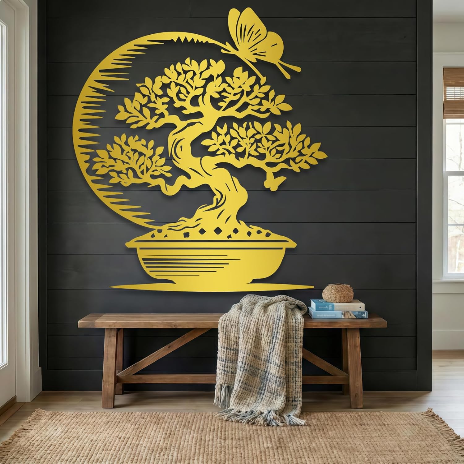 Maclou Japanese Metal Wall Art,Bonsai Tree Metal Wall Art,Asian Wall Decor for Bedroom,Living Room,Office (Gold,24' x 21' / 60 x 54 cm)