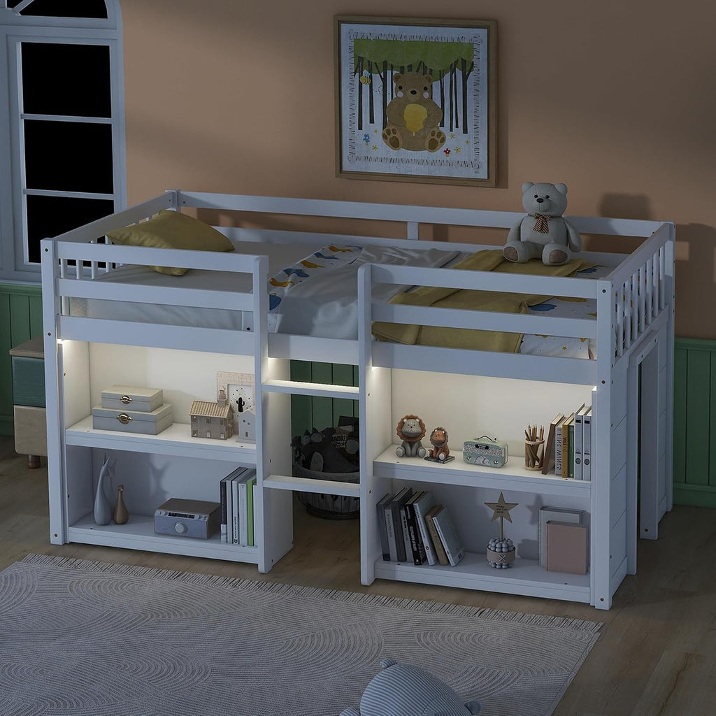 Twin Size Low Loft Bed with Two-Tier Shelves, Multifunction Wood Loft Bed Frame with Built-in Stairs, Storage Underneath, Sturdy Slats Support, Space Saving Loft Bed for Kids Boys Girls (White * 01)
